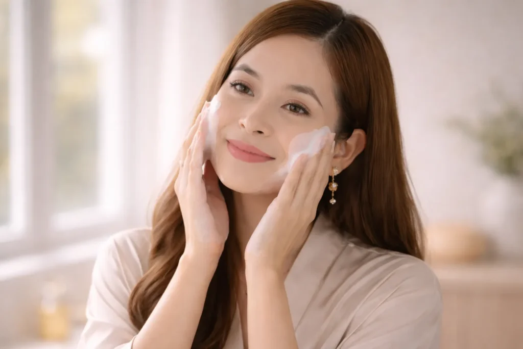 mulher limpando o rosto com espuma facial em rotina de skincare