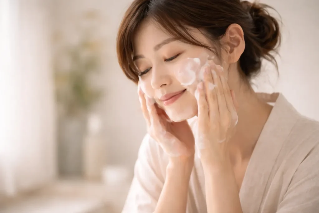 mulher limpando o rosto com espuma suave em ambiente minimalista