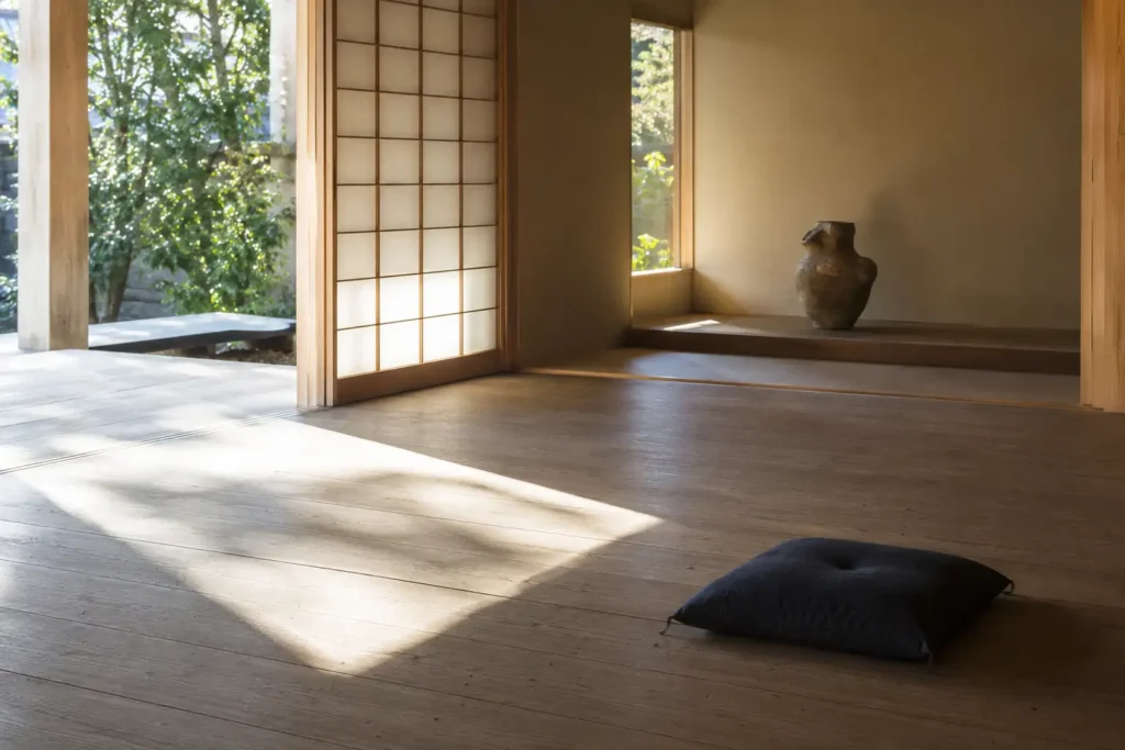 Sala japonesa contemporânea com espaço livre e luz natural representando o conceito de Ma