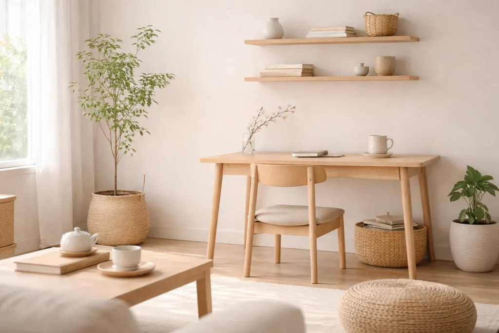 Ambiente minimalista organizado com iluminação natural suave