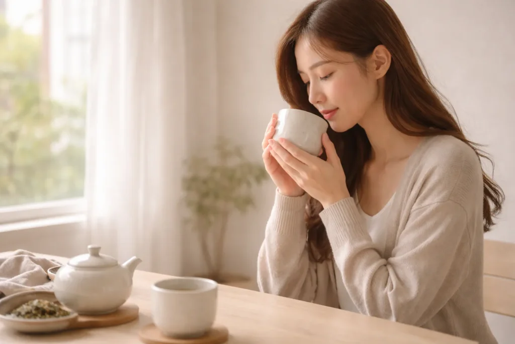 Mulher apreciando chá próximo à janela em momento de tranquilidade