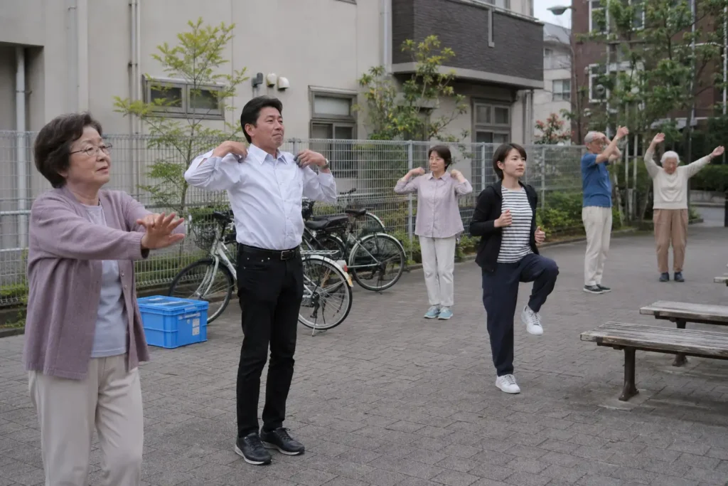 Adultos fazendo movimentos matinais simples em uma praça de bairro no Japão