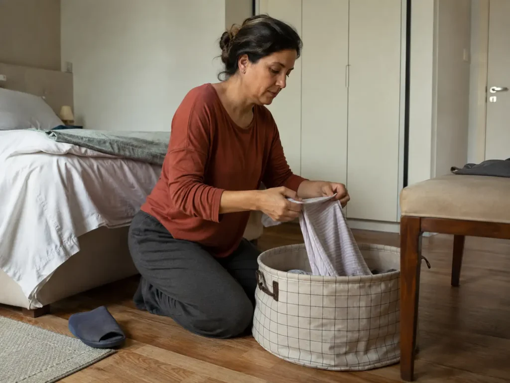 Mulher guardando uma única peça de roupa durante uma rotina matinal curta