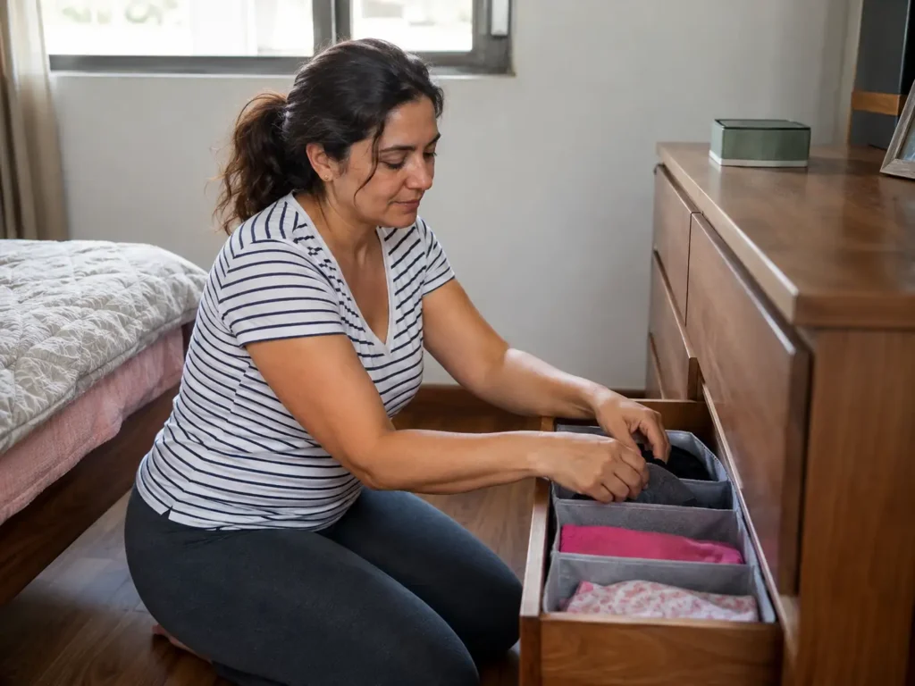 Mulher organizando apenas uma gaveta para evitar sobrecarga