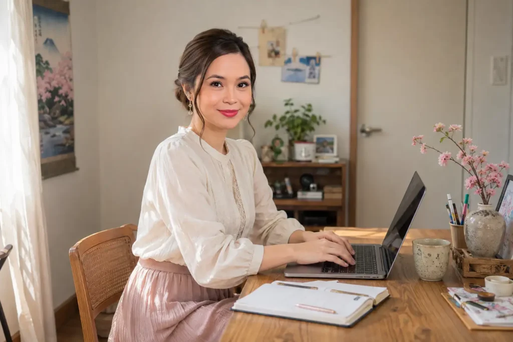 Mulher escrevendo em casa inspirada pelas memórias das cerejeiras e dos encontros no Japão