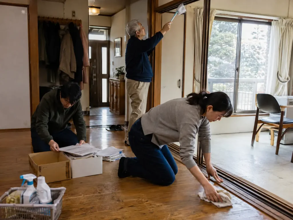 Família realizando uma limpeza cuidadosa em uma casa japonesa antes de um novo ciclo