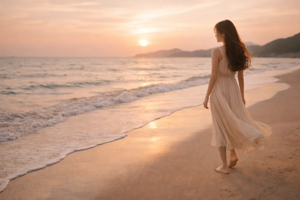 mulher caminhando na praia ao entardecer refletindo sobre a vida