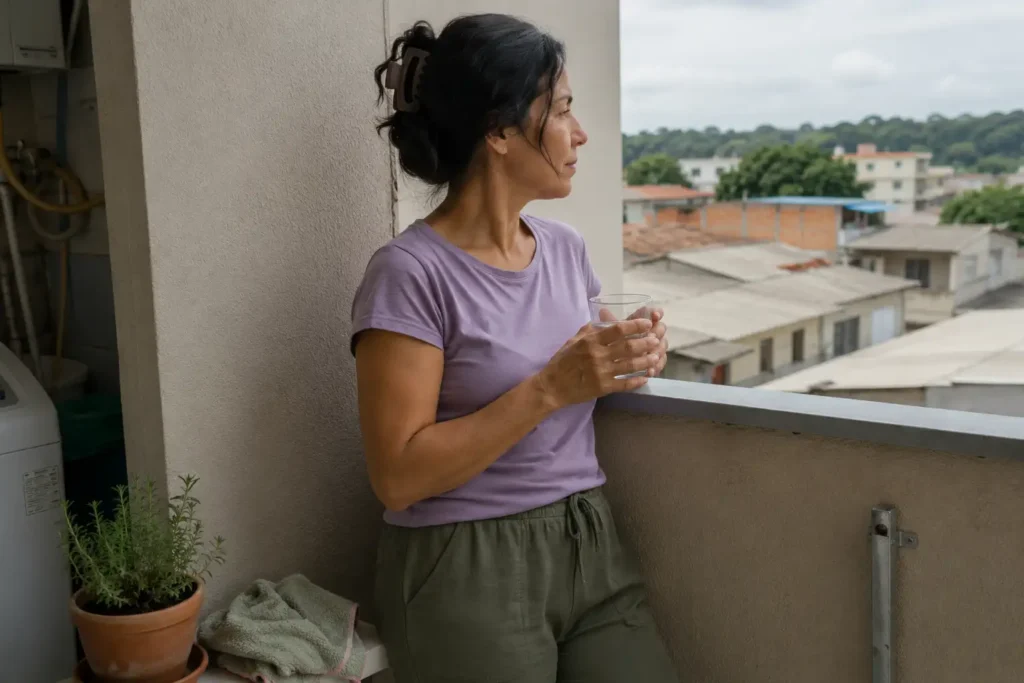 Mulher fazendo uma pausa curta com água sem usar o celular