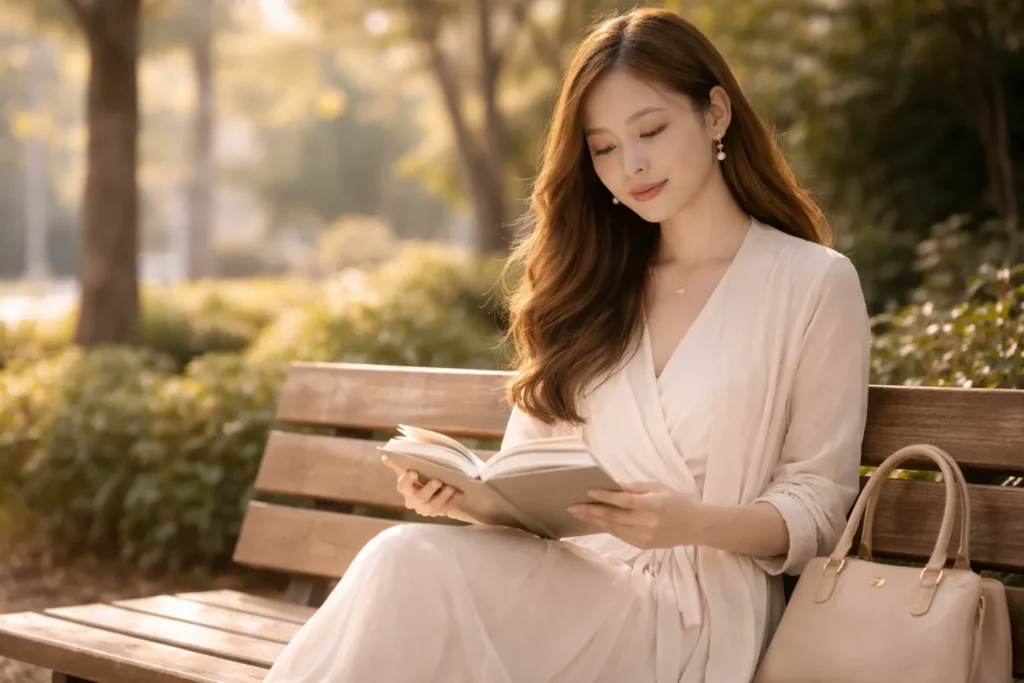 mulher lendo livro em parque tranquilo representando momento de pausa