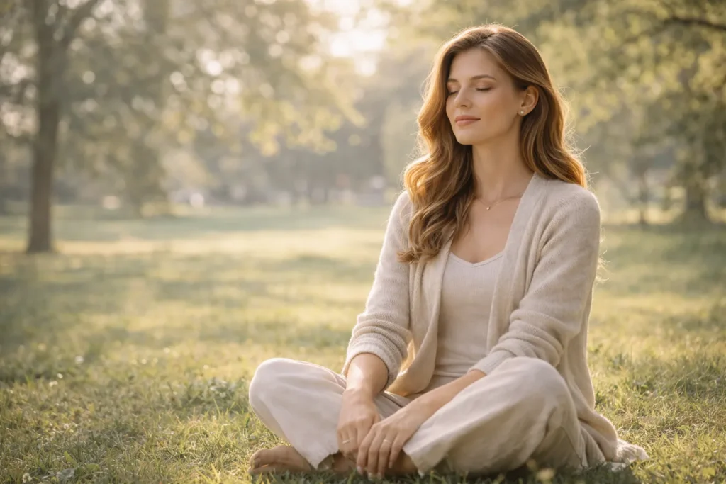 mulher meditando no parque representando paz interior