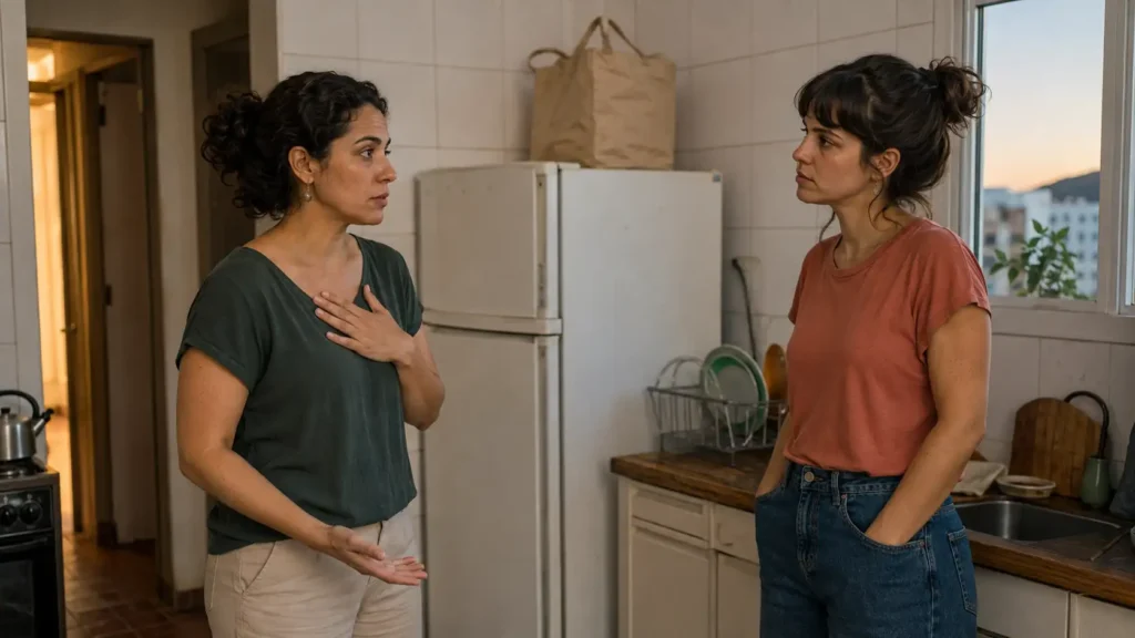 Mulher jovem pedindo desculpas de forma direta durante uma conversa cotidiana