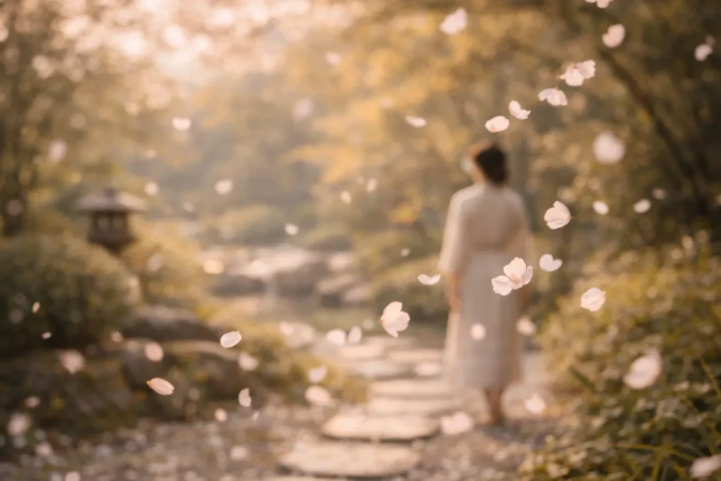 pétalas de sakura caindo em jardim japonês ao entardecer