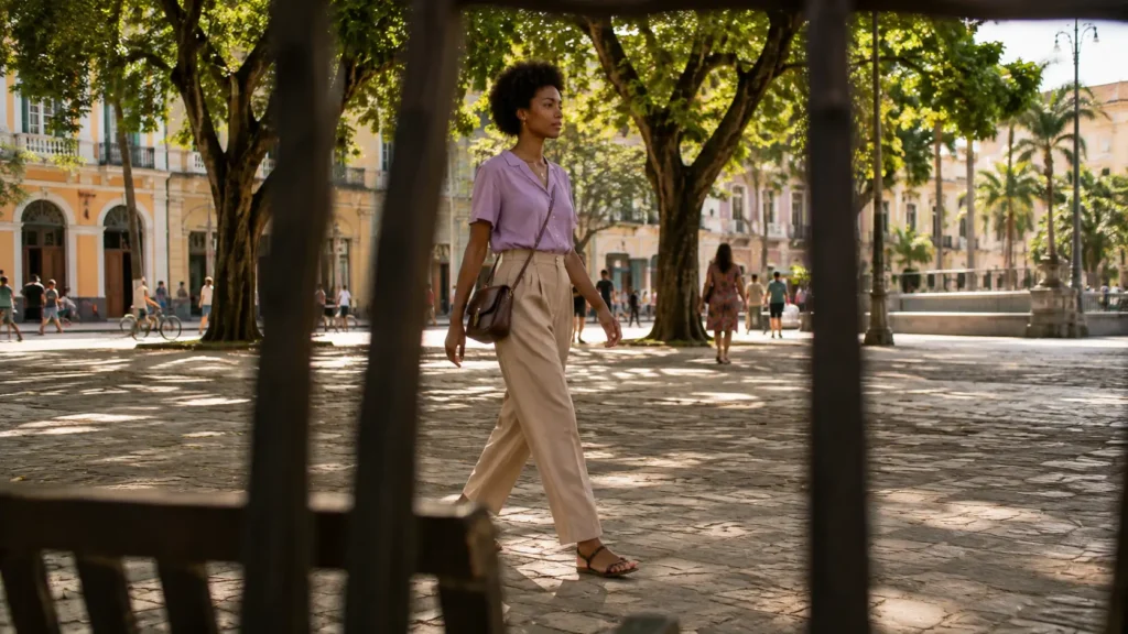 Mulher caminhando com postura relaxada e natural em uma praça brasileira