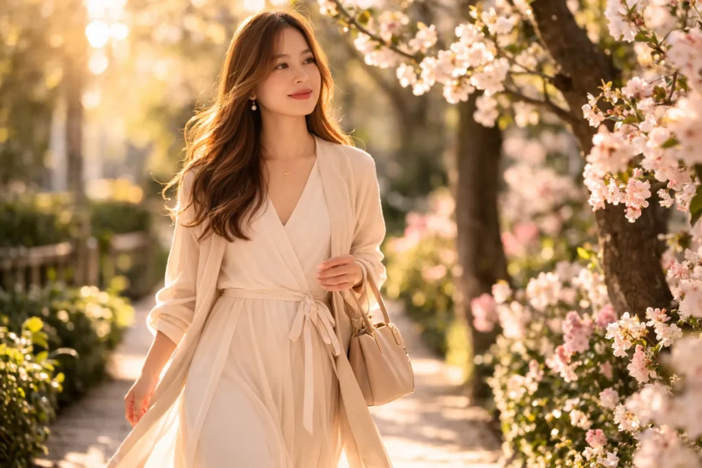 mulher caminhando com postura elegante em jardim iluminado