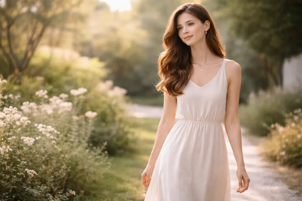 mulher caminhando calmamente em jardim representando presença feminina e equilíbrio emocional