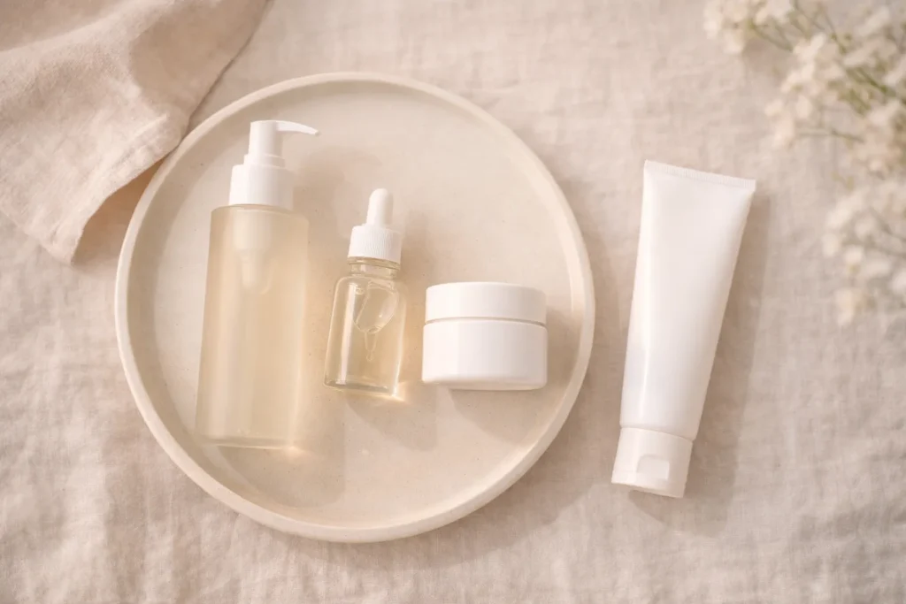 produtos essenciais de skincare organizados em estilo minimalista