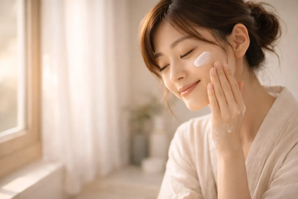 mulher aplicando protetor solar com luz natural entrando pela janela