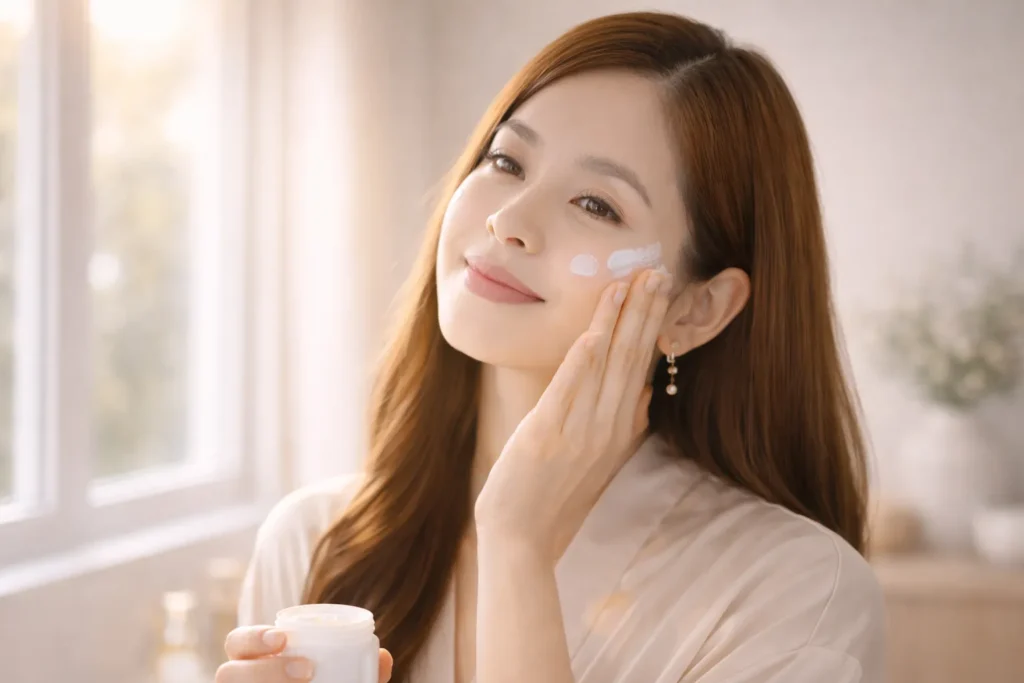 mulher aplicando protetor solar no rosto em rotina de skincare