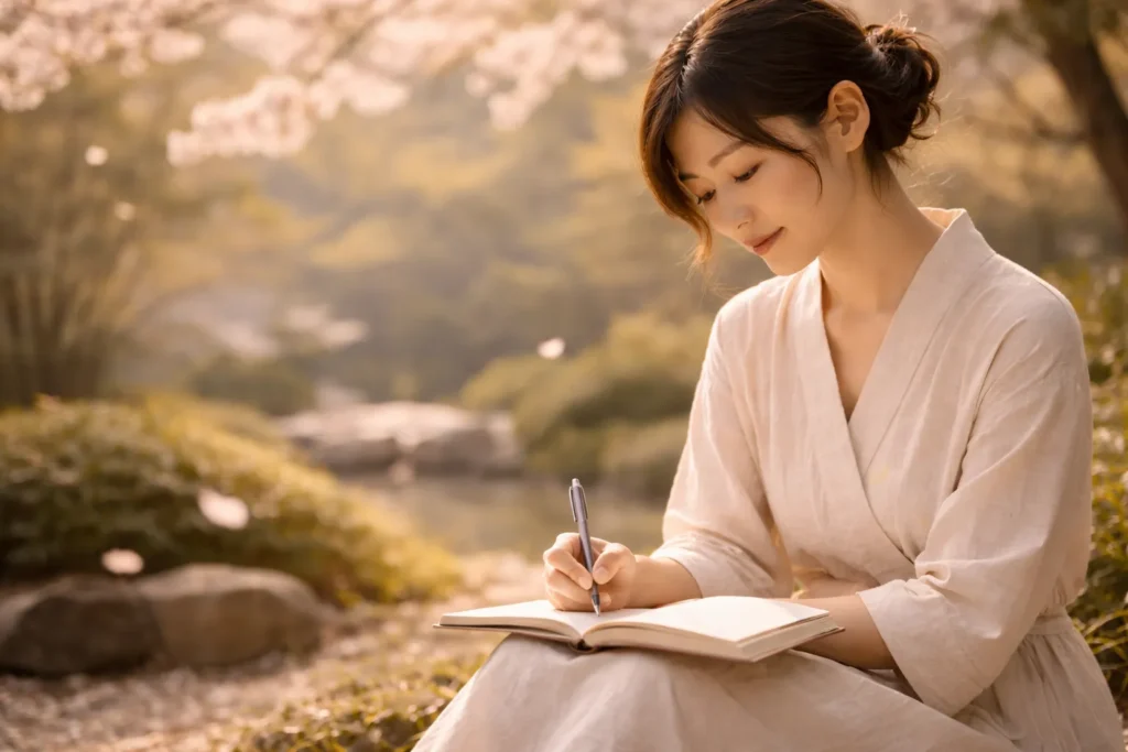 mulher escrevendo no diário ao ar livre durante primavera