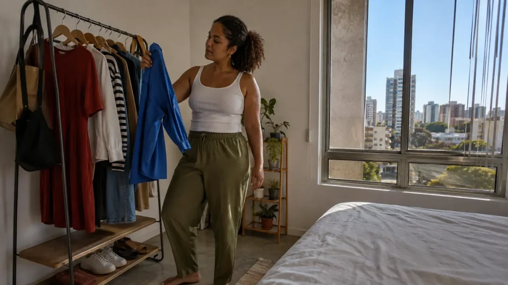 Mulher escolhendo uma roupa confortável sem julgar o próprio corpo no espelho