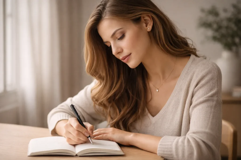 mulher escrevendo em diário representando autoconhecimento emocional