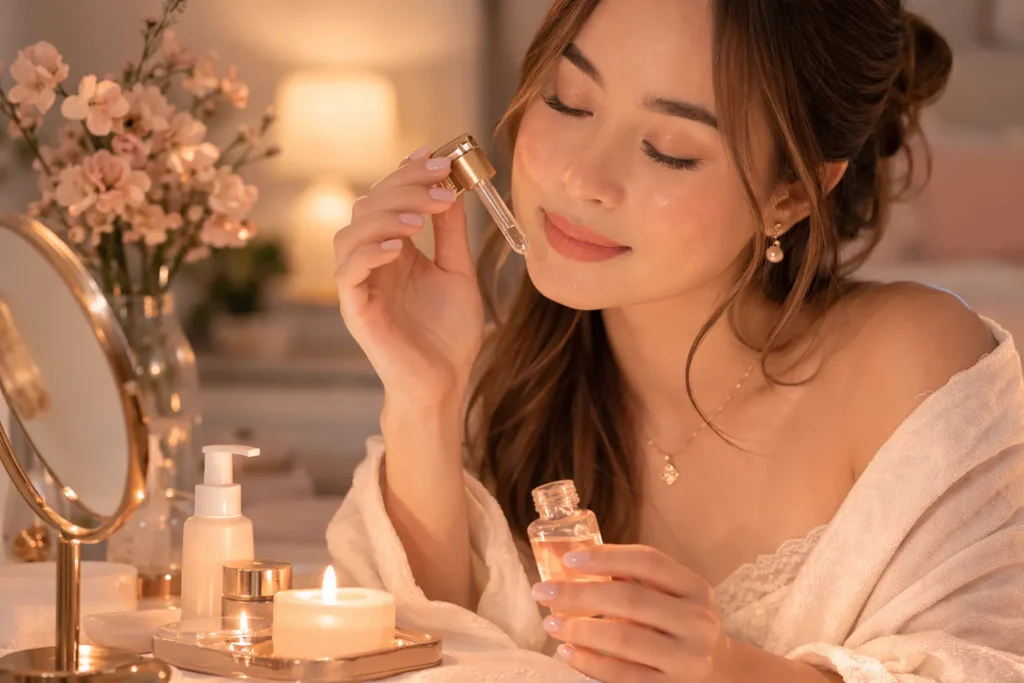 mulher aplicando sérum facial em momento de autocuidado noturno