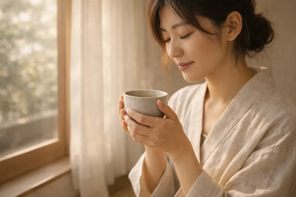 mulher segurando xícara de chá com luz suave natural