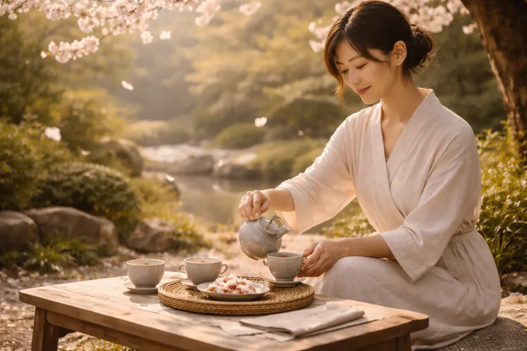 ritual de chá ao ar livre sob flores de cerejeira