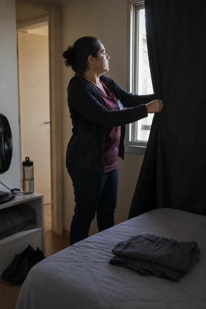 Profissional que trabalha à noite preparando o quarto para dormir durante o dia