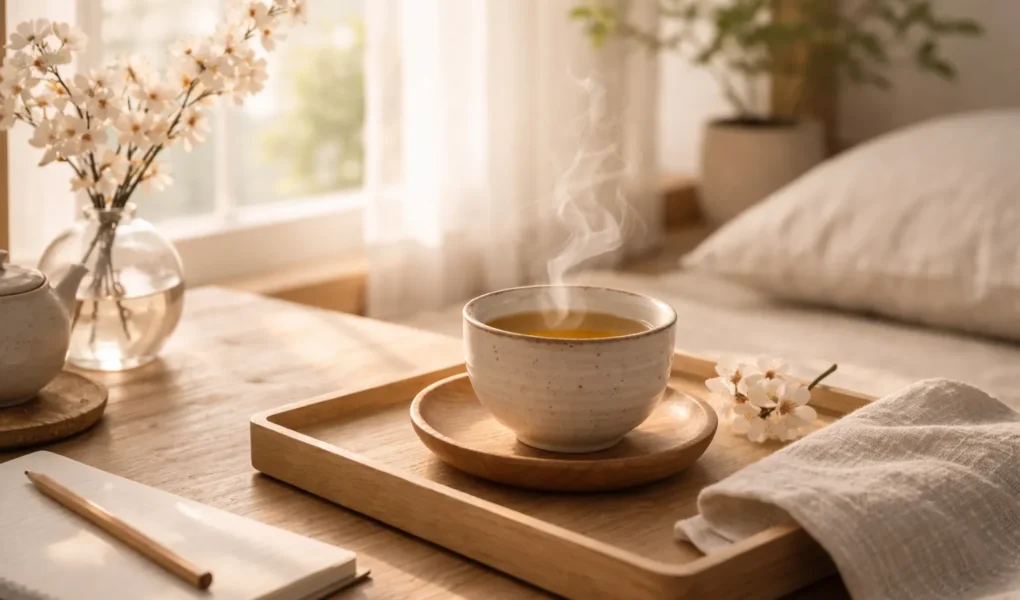 ritual matinal japonês com chá e luz natural suave