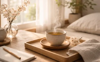 ritual matinal japonês com chá e luz natural suave