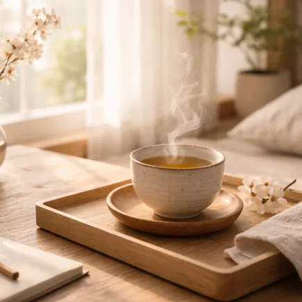 ritual matinal japonês com chá e luz natural suave