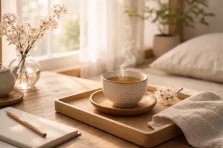 ritual matinal japonês com chá e luz natural suave