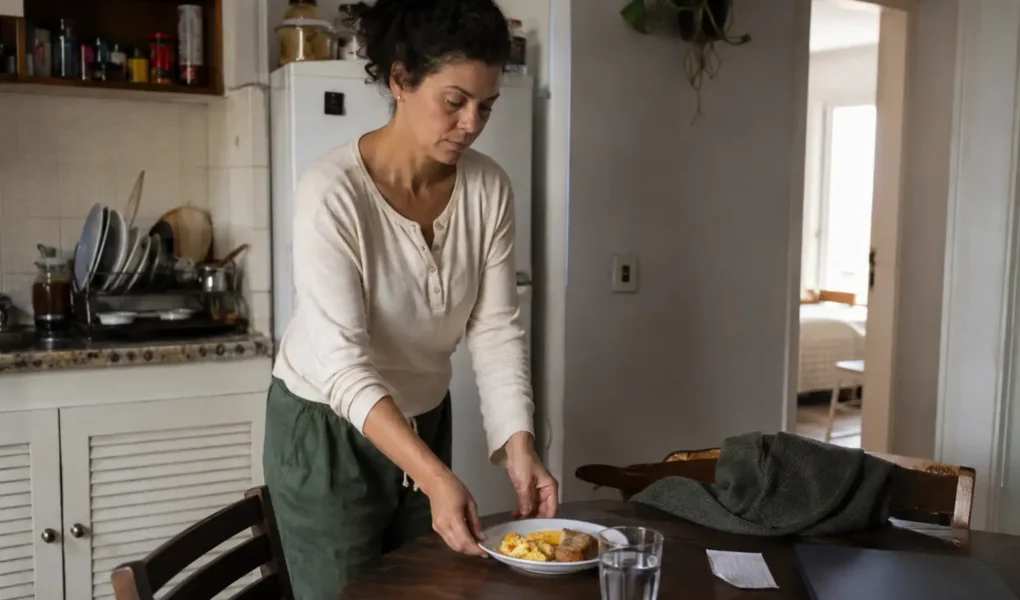 Mulher organizando uma rotina matinal curta antes de começar o trabalho