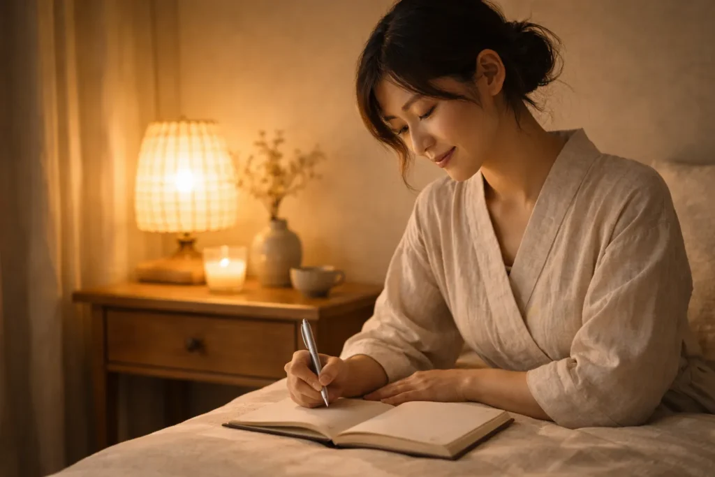mulher escrevendo no diário à noite com iluminação suave