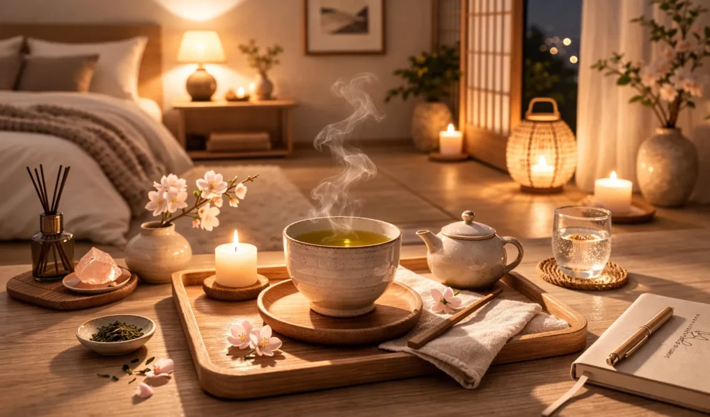 ritual noturno japonês com chá relaxante