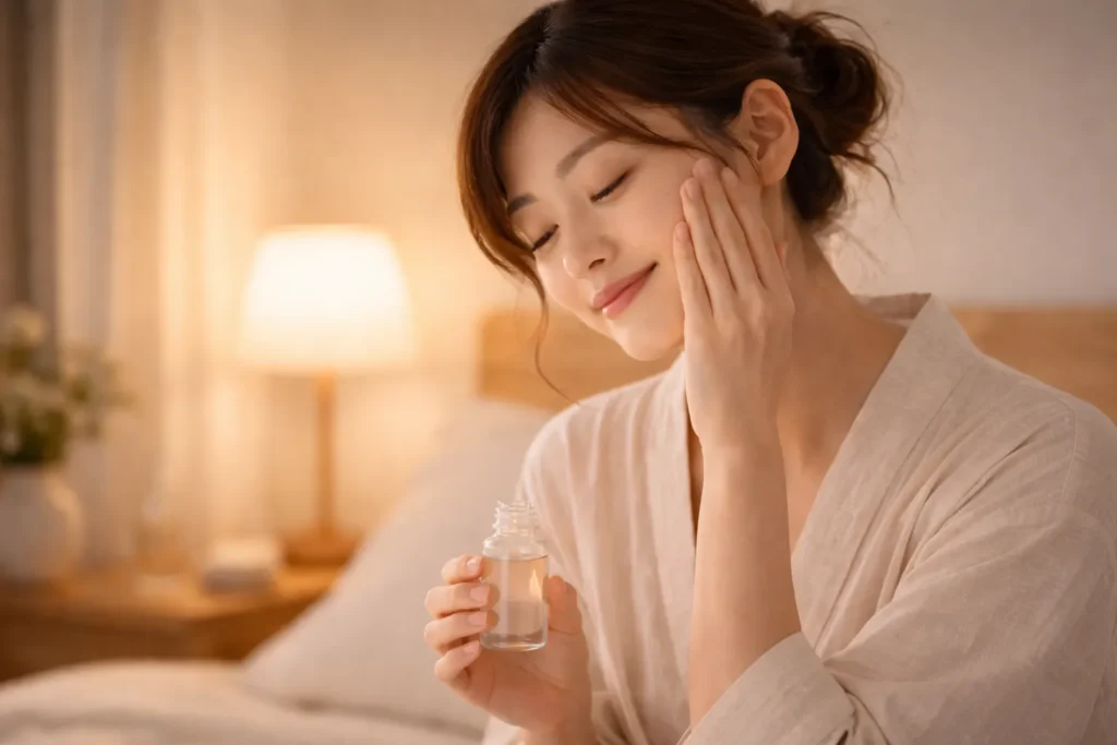 mulher aplicando sérum em rotina noturna minimalista com luz suave