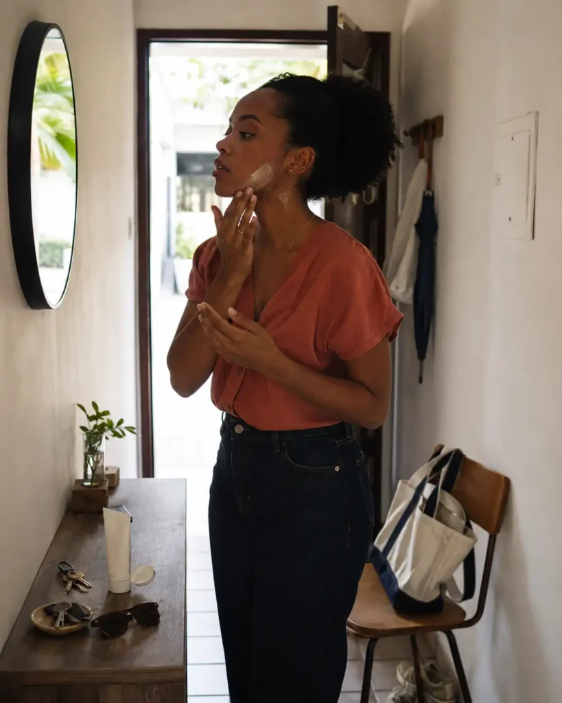 Mulher jovem aplicando protetor solar antes de sair de casa