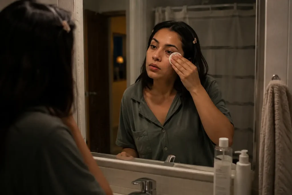Mulher jovem removendo a maquiagem antes da limpeza facial noturna