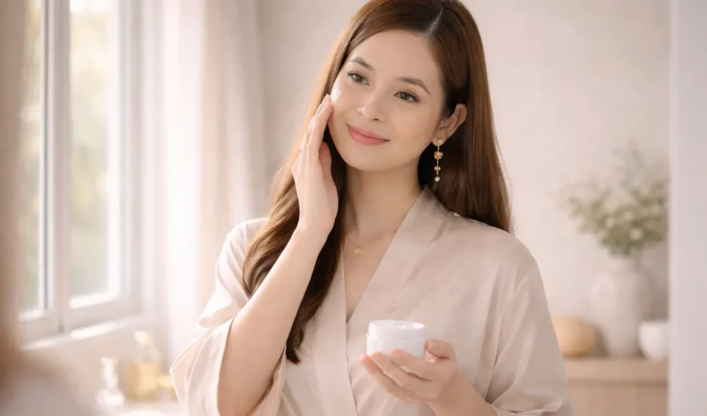 mulher aplicando hidratante em rotina de skincare simples perto de janela com luz natural