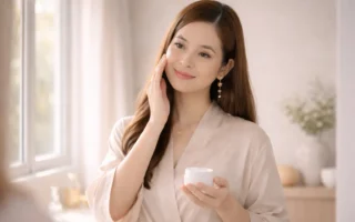 mulher aplicando hidratante em rotina de skincare simples perto de janela com luz natural