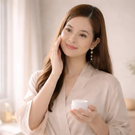 mulher aplicando hidratante em rotina de skincare simples perto de janela com luz natural