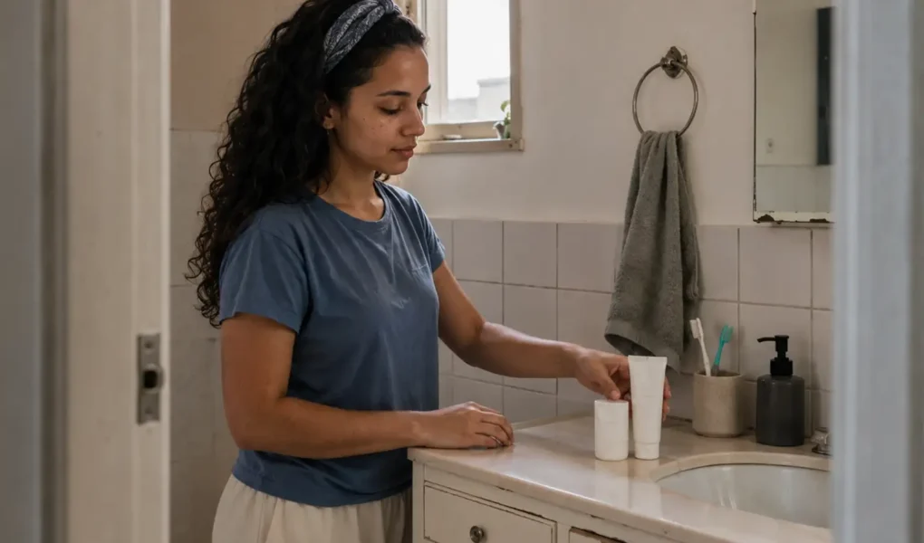Mulher jovem organizando três produtos básicos para iniciar uma rotina de skincare