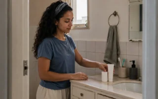 Mulher jovem organizando três produtos básicos para iniciar uma rotina de skincare