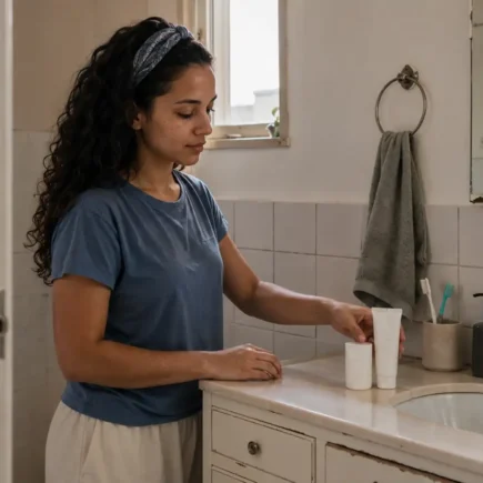 Mulher jovem organizando três produtos básicos para iniciar uma rotina de skincare