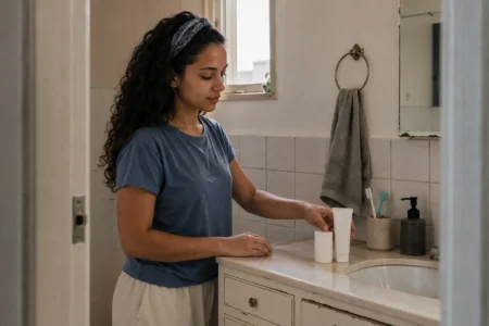 Mulher jovem organizando três produtos básicos para iniciar uma rotina de skincare