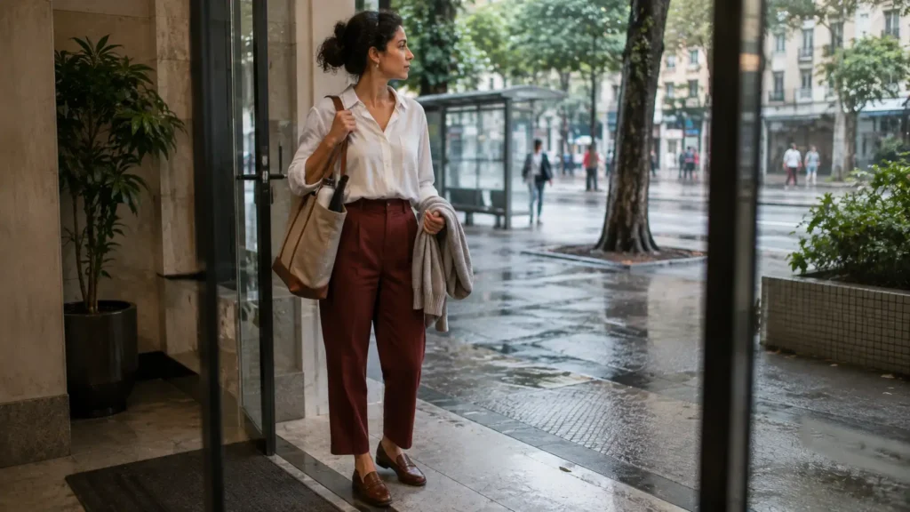 Mulher escolhendo uma roupa prática e elegante antes de sair em um dia de clima variável