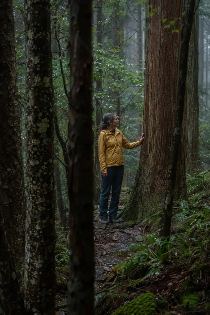 Mulher caminhando lentamente em uma floresta úmida e observando o ambiente