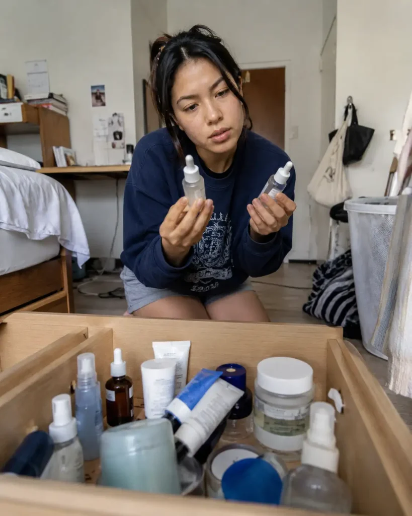 Mulher jovem observando muitos cosméticos acumulados antes de fazer uma nova compra