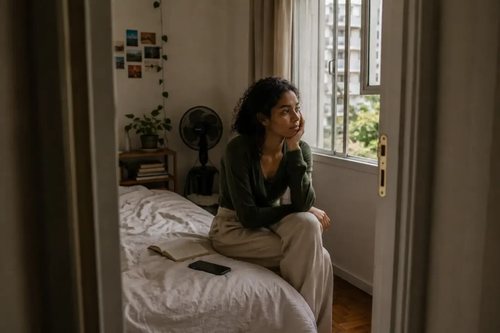 Mulher jovem afastando o celular e observando a pele com mais gentileza
